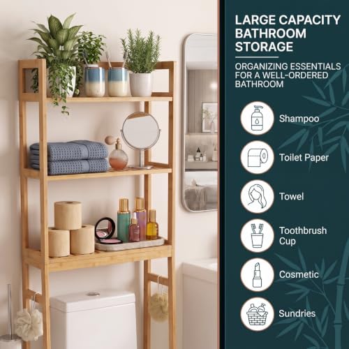 BAMBANG Natural Bamboo Over-the-Toilet 3-Tier Storage Shelf with Adjustable Height & Hooks