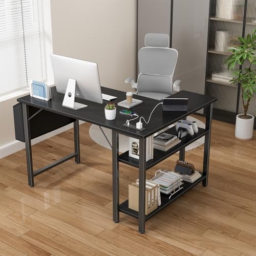 Black 39.4-Inch L Shaped Computer Desk with Power Outlet & Shelves - Small Home Office Corner Desk