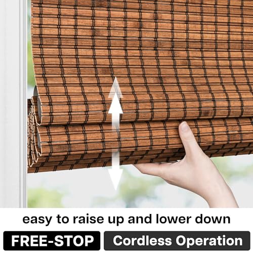 Blackout Bamboo Roman Shades - Penang Teak, 35x64 Inches, Cordless, Inside Mount