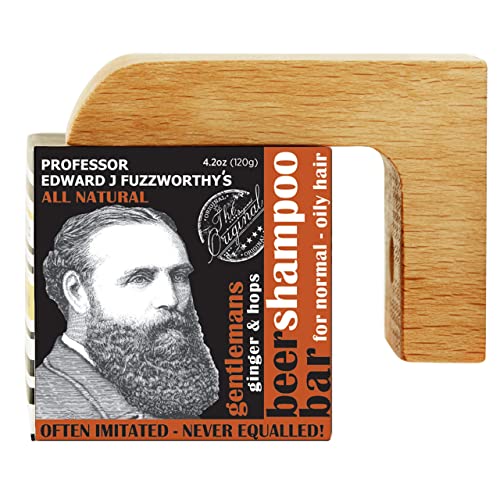 Professor Fuzzworthy's Beer Shampoo Bar & Magnetic Soap Holder Gift | 100% Natural Men's Grooming Kit with Organic Ingredients- Eco Friendly Wooden Soap Dish for Shower Bath Kitchen