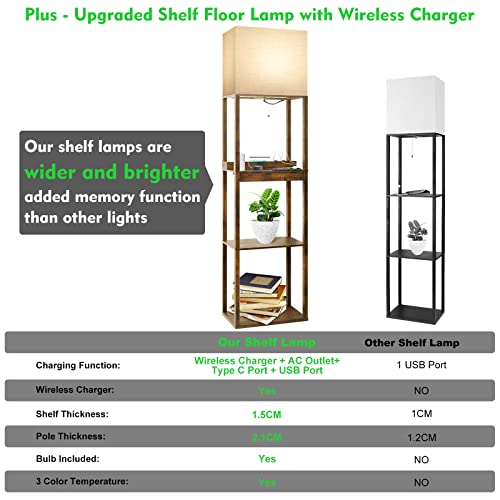 RUNTOP Upgraded Floor Lamp with Shelves and Wireless Charger - Brown with Drawer & USB Ports