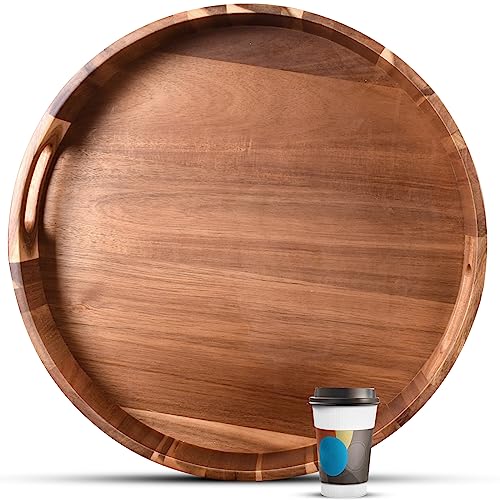 20 Inch Round Acacia Wood Serving Tray - Large Heavy Duty Kitchen & Home Organizer