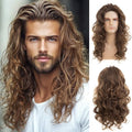 RicHyun Men's Long Curly Wavy Brown Wig Synthetic Cosplay Hair - Halloween & Party Costume