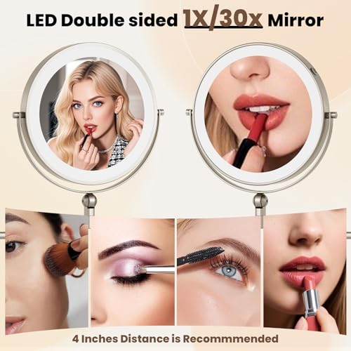 9" Wall Mounted LED Lighted Makeup Vanity Mirror - 4000mAh Rechargeable Double Sided 1X/30X Magnifying Mirror, 3 Color Lights Touch Dimmable, Height Adjustable Extended Arm 360¡Æ Swivel Bathroom Mirror