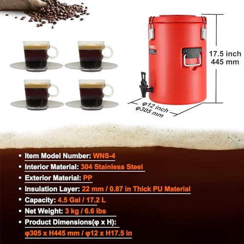 VEVOR 4.5 Gallon Stainless Steel Insulated Beverage Dispenser Hot Cold Drink Server
