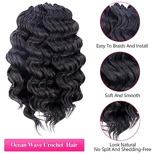 Ocean Wave Crochet Hair - 18 Inch 8 Packs Natural Black Deep Wave Synthetic Extensions - Variation 1B/18 Inch