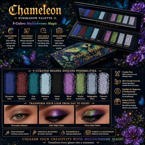 Multichrome Eyeshadow Palette with 9 Shimmer Matte Glitter Colors - Versatile Neutral Nude Makeup
