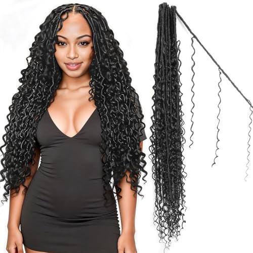 NISEYO Faux Locs Crochet Hair 30 Inch 1B with Curly Ends - Pack of 8