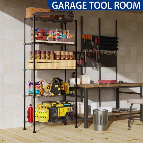 Black 5-Tier Adjustable Wire Shelving Unit - Heavy Duty Storage Rack for Kitchen, Bathroom, Laundry, Closet - 14.1"D x 30"W x 79"H