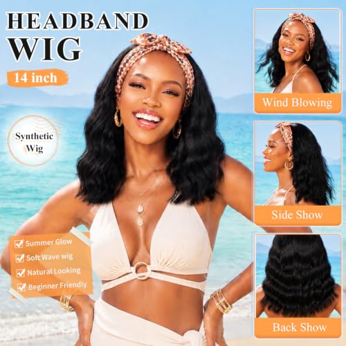 Black Short Wavy Headband Wig for Women 14 Inch Synthetic Tangle-Free Natural Look - Variation: Black Wavy 14 Inch