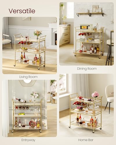 VASAGLE Gold Bar Cart with Mirrored Glass Shelves, 3-Tier Large Serving & Wine Storage