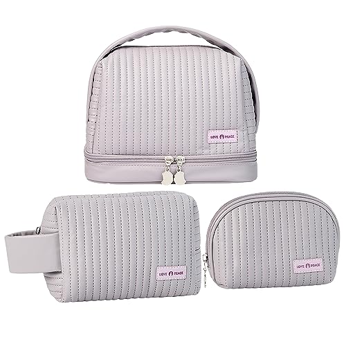 Makeup Bag Set of 3, Toiletry Bag for Women, Small Makeup Bag for Purse, Cute Quilted Cosmetic Bag for Travel, Gift for Women, Light Purple