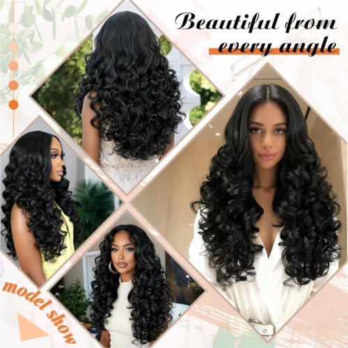 Yaki Curly V Part Wig 26 Inch Natural Black Synthetic Hair - Glueless, Easy Clip-In, Afro Curls