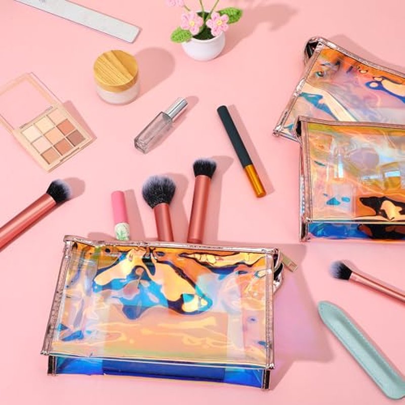 10 Pcs Iridescent Makeup Bag Clear Holographic Makeup Bag Bulk Portable Waterproof PVC Zipper Toiletry Travel Makeup Bags for Women Mother's Day Bride Bridesmaids Gifts Pink