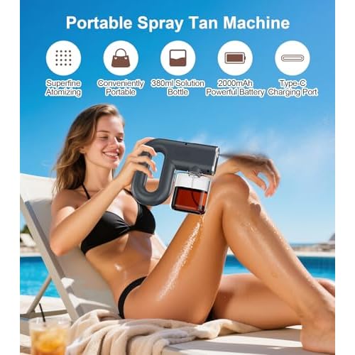 Spray Tan Machine - 3 Different Strength Spray Levels- Long Lasting Work- Portable and Rechargeable Cordless Spray Tan Gun for Self Tanning Travel Beach Salon Home Use (380ml, Grey)