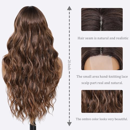Highlight Brown Wavy Wig for Women 26 Inch Middle Part - Long Synthetic Hair - Highlight Brown / 26 Inch