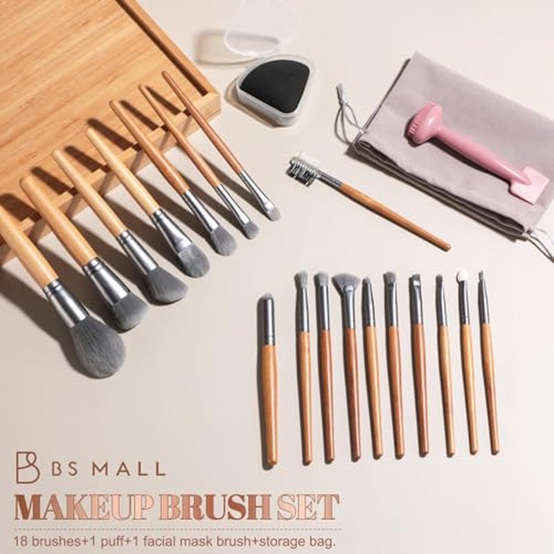 BS-MALL Makeup Brushes Bamboo with Mask Brush & Triangle Foundation Puff for Eyeshadow Contouring Primer Blending 20 PCS Makeup Tools Set