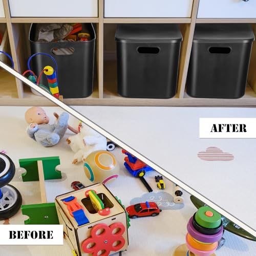 Storage Bins with Lids - 8 Pieces, 14.2 x 10.2 x 9.5 Inch Black Plastic Organizer