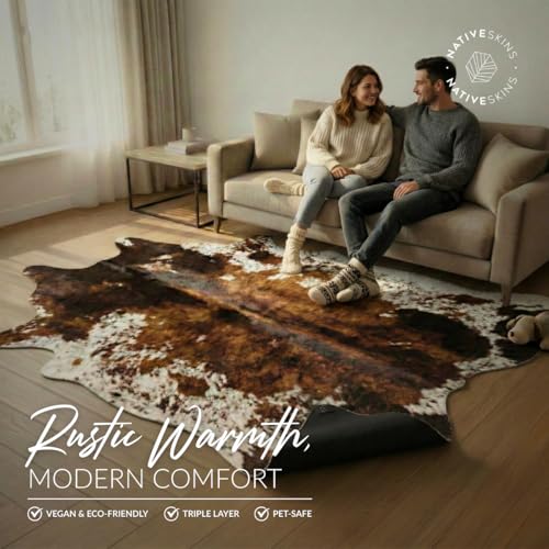 Brown Faux Cowhide Rug 4'7"x6'7" Semicircular Washable Non-Shedding