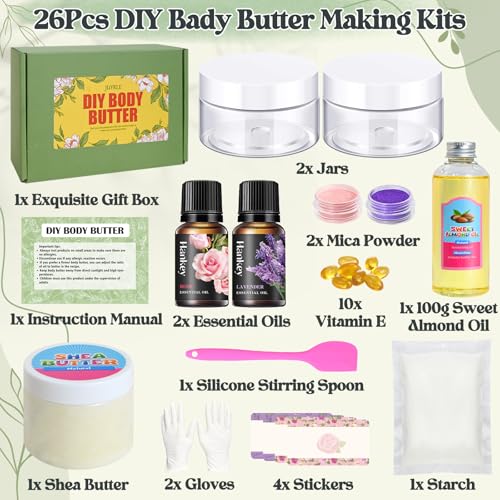 Body Butter Making Kit- Shea Butter Lotion Making Kit, DIY Crafts for Adults with Organic Shea Butter, Sweet Almond Oil, Mica Powder, Natural Whipped Body Butter Maker Skin Care Gifts for Women