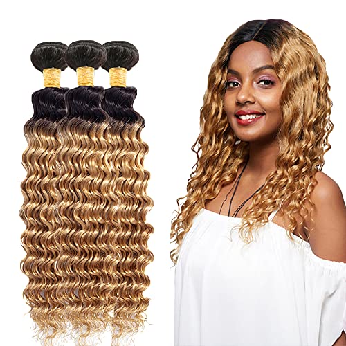 Weeybay 1B/27/D Deep Wave Human Hair Bundles Ombre Blonde 14/16/18 Inch - Black & Honey Blonde, 150g/Pack