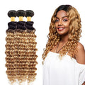Weeybay 1B/27/D Deep Wave Human Hair Bundles Ombre Blonde 14/16/18 Inch - Black & Honey Blonde, 150g/Pack