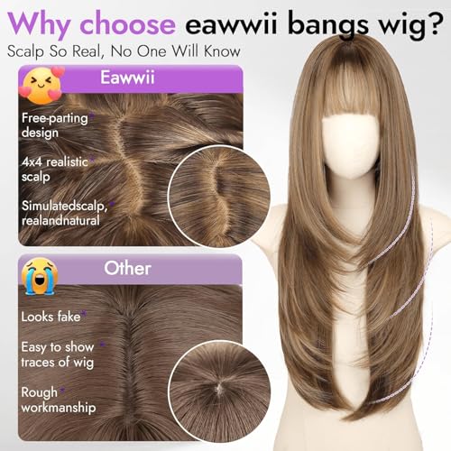 Eawwii 26-Inch Wig with Bangs Realistic 4x4 Scalp, Brown Blonde Highlight