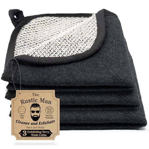 Terry Wash Cloths for Face and Body, Dual-Sided Cleansing and Exfoliating Washcloths, Machine Wash, Black, 3 Count