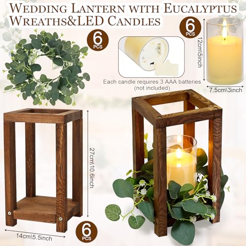 Set of 6 Wooden Lantern Centerpieces with Eucalyptus Wreaths and LED Candles for Wedding & Party Decor - Green Variation