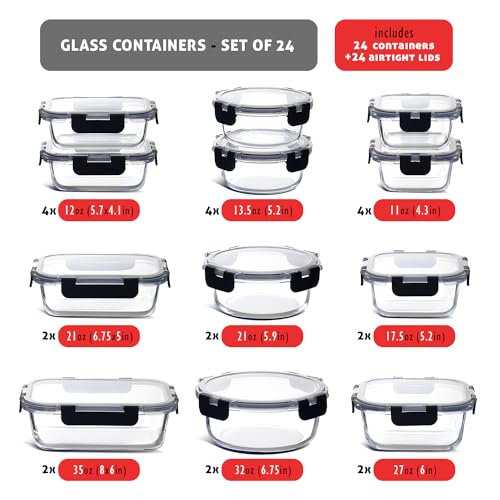 Black Glass Food Storage Containers Set - 24 Pack with Airtight Lids, Meal Prep & Freezer Safe