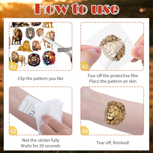 Lion Temporary Tattoos Stickers, Animal Tattoo Stickers for Kids, Birthday Party Favors Goodie Bag Fillers Supplies Decorations, Classroom School Prizes Rewards Gifts(8 Sheets)