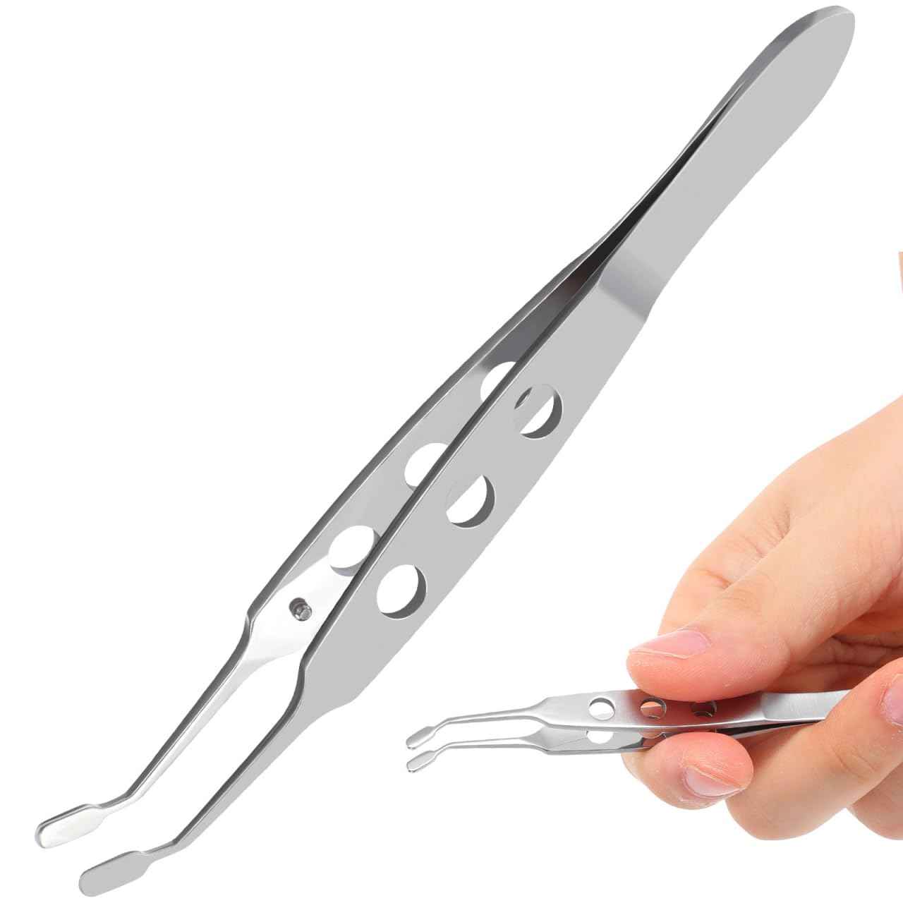 TEHAUX Meibomian Gland Expressor, Stainless Steel Eyelid Massage Tweezer with Positioning Pin, Prevent Excessive Force, Rectangle Tip Eyelid Expressor for Dry Eyes (Silver)