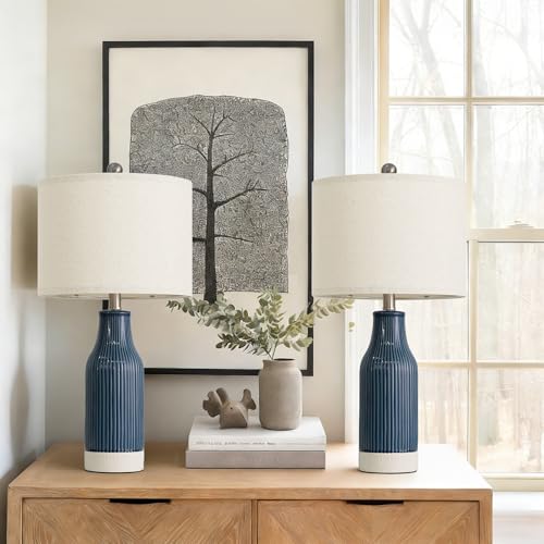 23.5" Bedside Lamps Set of 2, Blue Ceramic Table Lamp for Bedroom