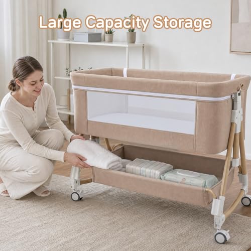 Baby Bassinet 3-in-1 Bedside Sleeper with Adjustable Height & Mesh, Khaki