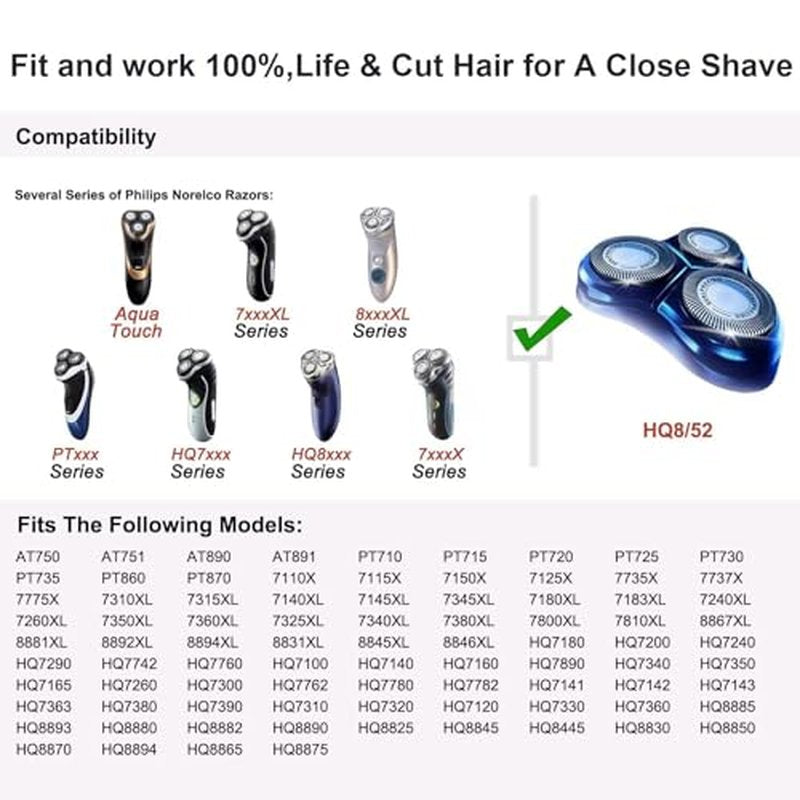 HQ8 Replacement Heads Compatible with Philips Norelco Shaver, Blade for AT880, PT720, PT740, New Upgraded 3-pc Pack