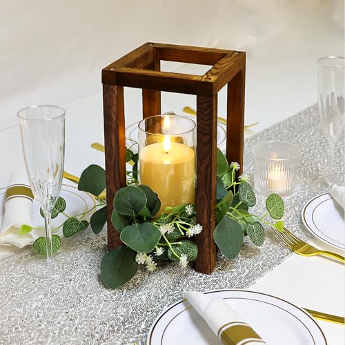 Set of 6 Wooden Lantern Centerpieces with Eucalyptus Wreaths and LED Candles for Wedding & Party Decor - Green Variation