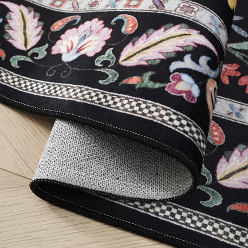 Rugcomf 6' x 9' Floral Area Rug – Washable, Non-Slip Backing, Vibrant Black
