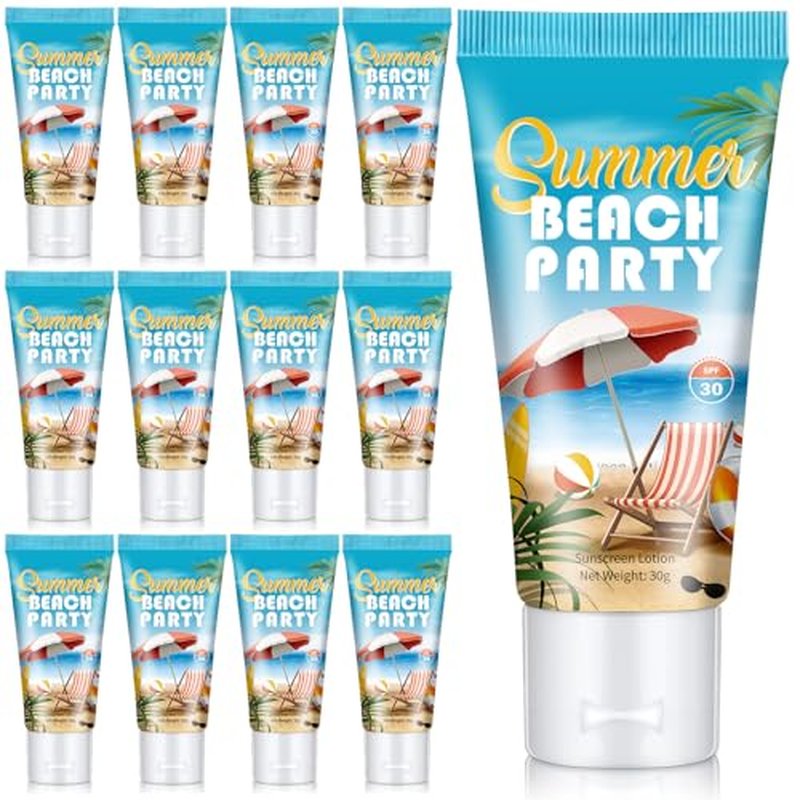 12 Pcs Mini Sunscreen Bulk for Valentine Gifts Summer Travel Size Spf 30 Water Resistant Sunblock Sunscreen Lotion Bulk for Valentines Day Favors for Pool Party(White Cream,Beach)