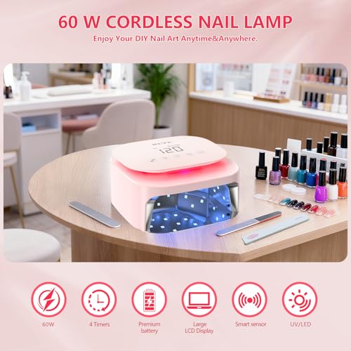 BETE 60W Cordless UV LED Nail Lamp - Rechargeable Gel Polish Dryer with Auto Sensor, 4 Timer Settings - Pink