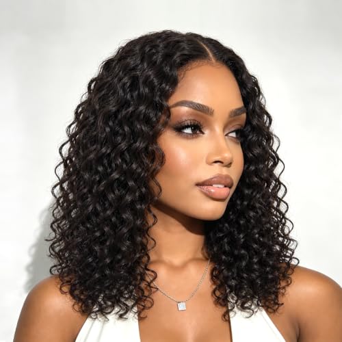 Natural Black 16-Inch Curly Water Wave Human Hair Glueless Bob Wig - 2x6 HD Lace