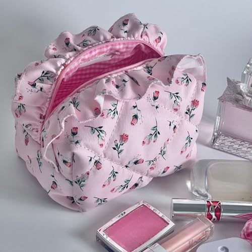 Quilted Pink Rose Makeup Bag Set of 2, Ruffled Cotton Cute Floral Pouches, Large & Small Coquette Pouch for Purse, Travel Cosmetic Organizer Bags, Aesthetic Toiletry Bag, Girly Gifts Women Teen Girls