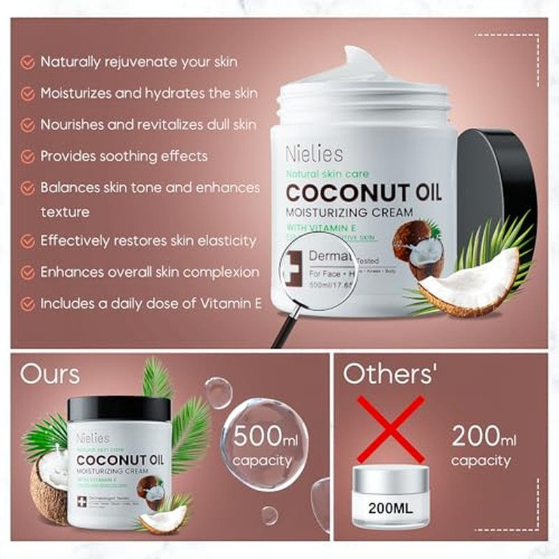 Coconut Oil Moisturizing Cream for Skin & Body, Coconut Oil Lotion for Dry Skin, Coconut Cream Lotion for Face, Hands & Hair, Crema de Coco para la Piel, Fast Absorbing,