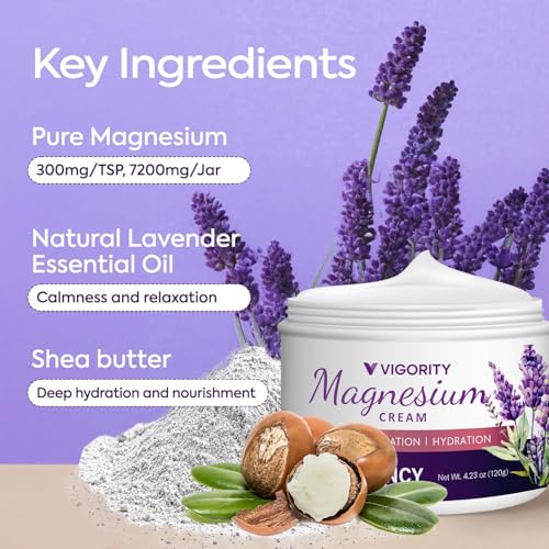 Vigority Magnesium Cream for Sleep: Magnesium Lotion for Leg Cramps - Soothing Magnesium with Lavender, Vitamin E and Shea Butter - Safe for Kids & Pregnant Individuals