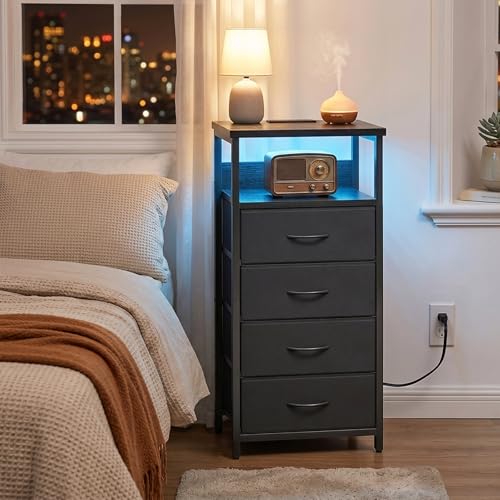 Fixwal Night Stand with Charging Station RGB LED Lights 4 Drawers - Black, 15.7"D x 11.8"W x 33.1"H