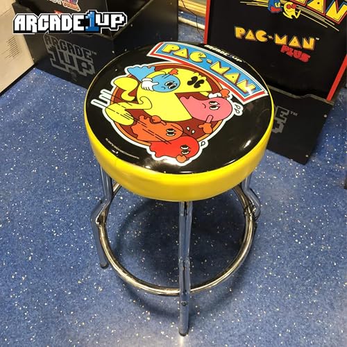 Modern Pac-Man Arcade Game Stool - Adjustable Padded Seat, Steel Frame, Chrome Finish, Leg Extenders, Home Use