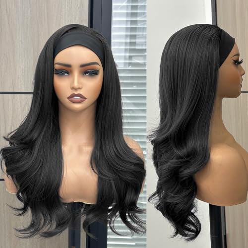 PREMPO 20 Inch Black Long Wavy Headband Wig for Women - 180% Density, Glueless Half Wig, Synthetic, Wear & Go