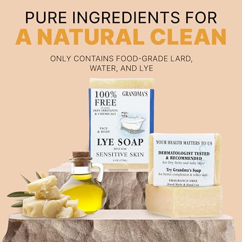CLASSYONE Grandma's Pure Lye Soap Bar Bundle - Unscented Face & Body Wash for Sensitive Skin, Pack of 6