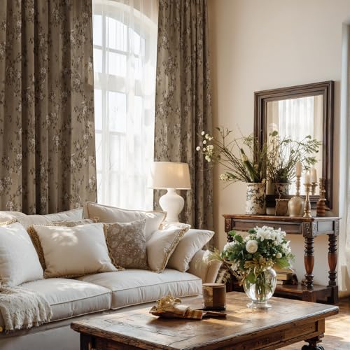 A-khaki Linen Floral Butterfly Curtains 52"W x 84"L 2 Panels - Elegant Window Drapes
