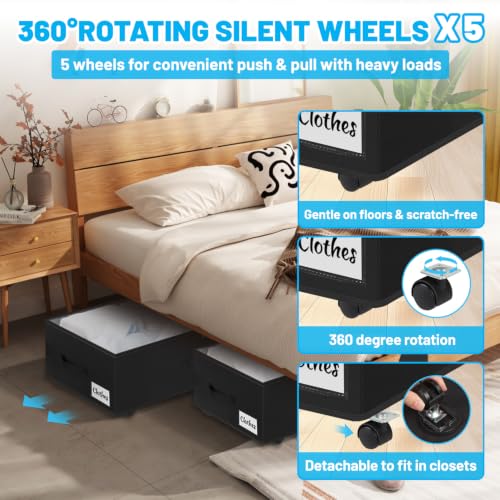 Under Bed Storage with Wheels 75L Black 4-Pack Clear Lid & Label - 10 Inch