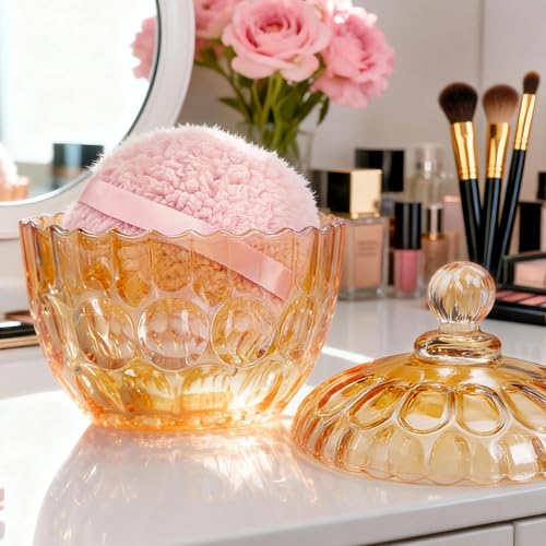 kanpura 2 Pcs Extra Large Body Powder Puff and Container Clear 6 Inch Body Powder Puff and Crystal Container for Baby Women Reusable, Washable, Wet and Dry Makeup (Amber)